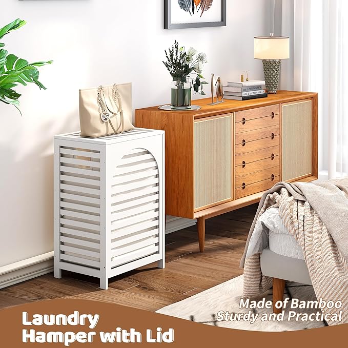 FILWH Laundry Hamper with Lid (16.9 * 13 * 26.5inches) Large Bamboo Laundry Bin Basket 85L Clothes Hamper with 1 Removable Bag Storage baskets for Bathroom (White)