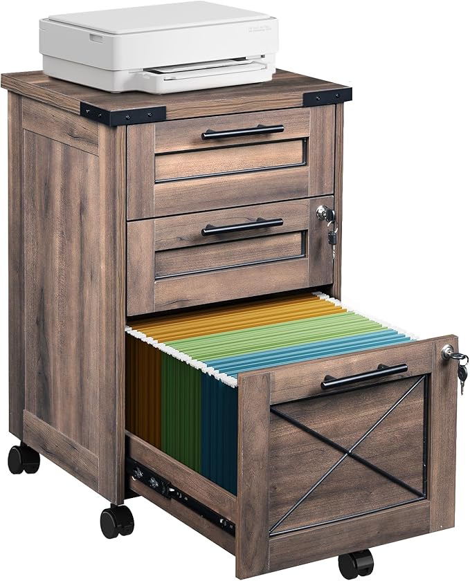 DEVAISE 3-Drawer File Cabinet with Hanging Files, Mobile Rolling Storage Cabinet for Home Office, Printer Stand, Farmhouse Style, Dark Brown