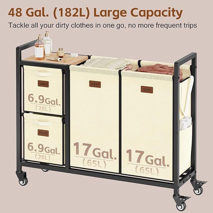 Hoctieon 4 Section Laundry Cart, 48 Gal. (182L) Laundry Hamper with Lid, Laundry Basket with Wheels, Rolling Laundry Sorter Organizer with Shelf, Clothes Separator with Removable Bags, Beige