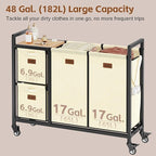 Hoctieon 4 Section Laundry Cart, 48 Gal. (182L) Laundry Hamper with Lid, Laundry Basket with Wheels, Rolling Laundry Sorter Organizer with Shelf, Clothes Separator with Removable Bags, Beige
