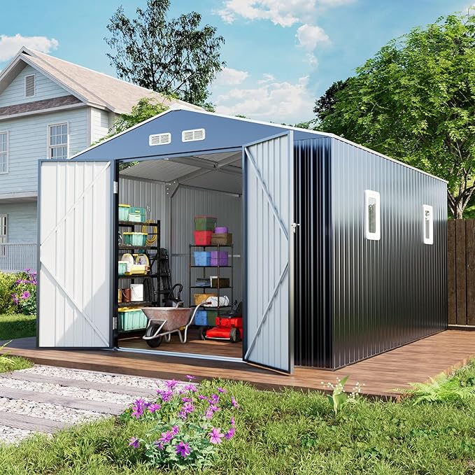 WACASA 10x12 FT Metal Shed Heavy-Duty | Military-Grade 20-Gauge Reinforced Frame with Powder Coating | 50 PSF Snow Load & 120 MPH Wind Rated | Garden Tool/Bike Skylight Building