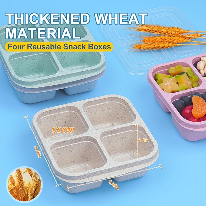 4 Pack Snack Containers, 4 Compartments Snackle Box Container, Meal Prep Reusable Lunchable Container for Adults, Microwave Dishwasher Safe, Food Storage Containers for Work Travel