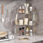 3-Tier Corner Bathroom Organizer Countertop with Hooks, Bathroom Sink Corner Vanity Storage for Makeup, Skincare and Perfume (White Gold)