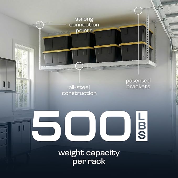 MonsterRax Overhead Garage Storage Racks 3x8’ (2-Pack) Ceiling Mounted Shelving, Adjustable Hanging Organizer, Heavy Duty Steel, Holds 500 Pounds, Color: White, Adjustable from 24"-45" off the Ceiling