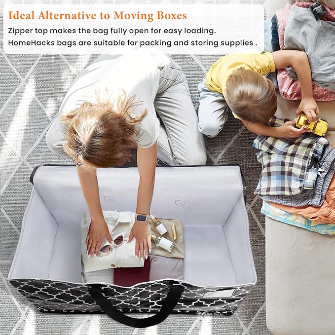 HomeHacks Heavy Duty Moving Bags with Tag Pockets, Collapsible Storage Totes for Moving, Camping & Travel -Foldable Packing Boxes, Zipper Handles, Black（2 Packs, 100L）