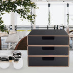 Stackable Organizer Drawer PU Leather Classic Handmade,Organize Home Office Desk Accessories and Sort Letter-Size Paper/a4 Document,Desk Caddy with Drawers Storage Box ,13.1x10x3.7inches,Black