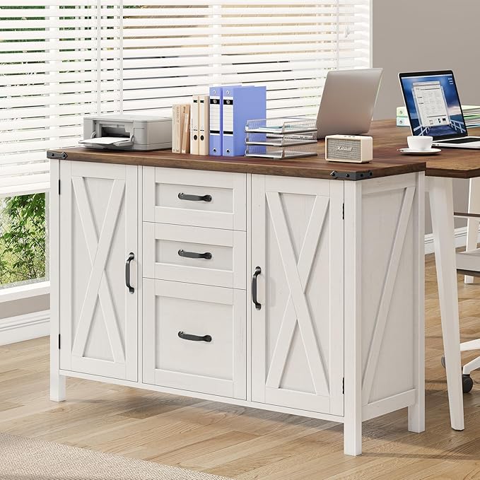 3 Drawer File Cabinet, Farmhouse Lateral Filing Cabinet with Doors Fits Letter or A4 Size, Wooden Printer Stand with Open Storage Adjustable Shelf for Home Office, Rustic White
