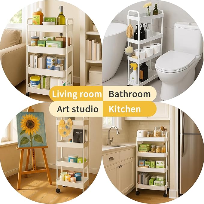 ShellKingdom 4 Tier Bathroom Storage Organizer, Toilet Paper Holder, Slim Rolling Storage Cart for Narrow Space with Handle, Mobile Shelving Unit for Bathroom, Kitchen, Laundry (White)