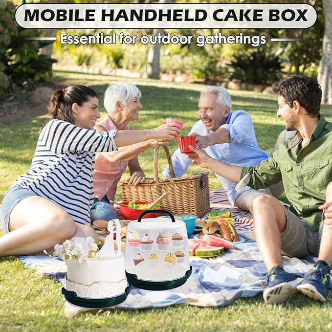 Cake Carrier Round Cake Stand Plus Height Cake Container with Cupcakes Pad, Handle, Lid Reusable Package Box for Transporting Desserts,Pie,Toast,Fruit (10" Black)