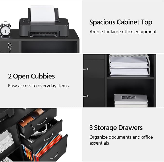 Yaheetech Black File Cabinet with Lock for Letter, A4 Size,3 Drawer Lateral Cabinet Printer Stand with Open Storage Compartments for Home Office, Black