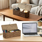 2 PCS Seagrass Storage Basket with Lid, Boho Small Woven Shelf Basket Rectangular Toilet Roll Bin 3-Section Divided Organizer for Snack Tampon Bathroom Closets Pantry Coffee Table Counter