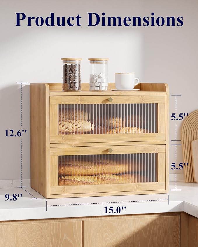 Kitsure Bread Box - 2-Tier Bamboo Bread Box for Kitchen Countertop, Bread Storage Container with Magnetic Acrylic Door, Pantry Organizers and Storage for Loaves, 15" x 9.8" x 13.2", Natural