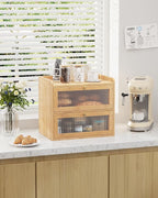 Kitsure Bread Box - 2-Tier Bamboo Bread Box for Kitchen Countertop, Bread Storage Container with Magnetic Acrylic Door, Pantry Organizers and Storage for Loaves, 15" x 9.8" x 13.2", Natural