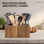 Large Kitchen Utensil Holder for Countertop – Acacia Wood Utensil Organizer with 3 Compartments, Beveled Edges Design, Non-Slip Silicone Pads & Drain Hole – Rustic Farmhouse Utensil Caddy Crock