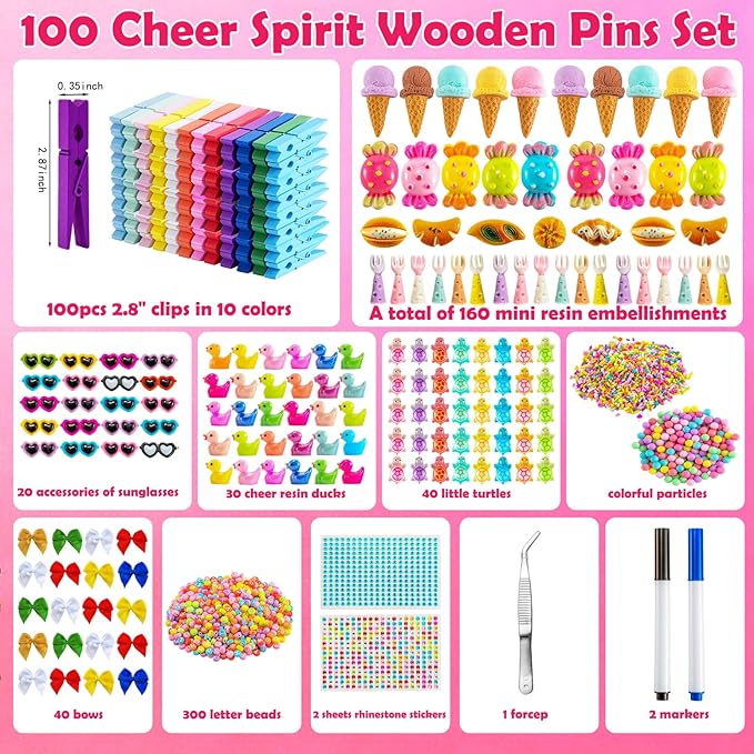 100 Set Cheer Pins Spirit Clips, 100 Wooden Colored Clothes Pins 170 Resin Animals Ducks Bows Accessories and Stickers Pen 300 Beads Pearls for Cheerleading Backpacks Cheer Gifts Bulk