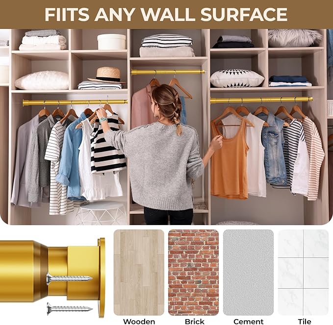 Mavivegue Closet Rod, 17 to 99 Inch Gold Adjustable Closet Rods for Hanging Clothes, Hanging Rod for Closet Wardrobes Laundry RV, Bathroom