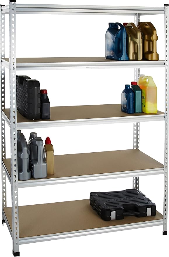 Amazon Basics 5-Tier Medium Duty Garage Shelving Unit, Sturdy Adjustable Storage Shelves, Easy to Assemble, 48" x 18" x 72", Aluminum