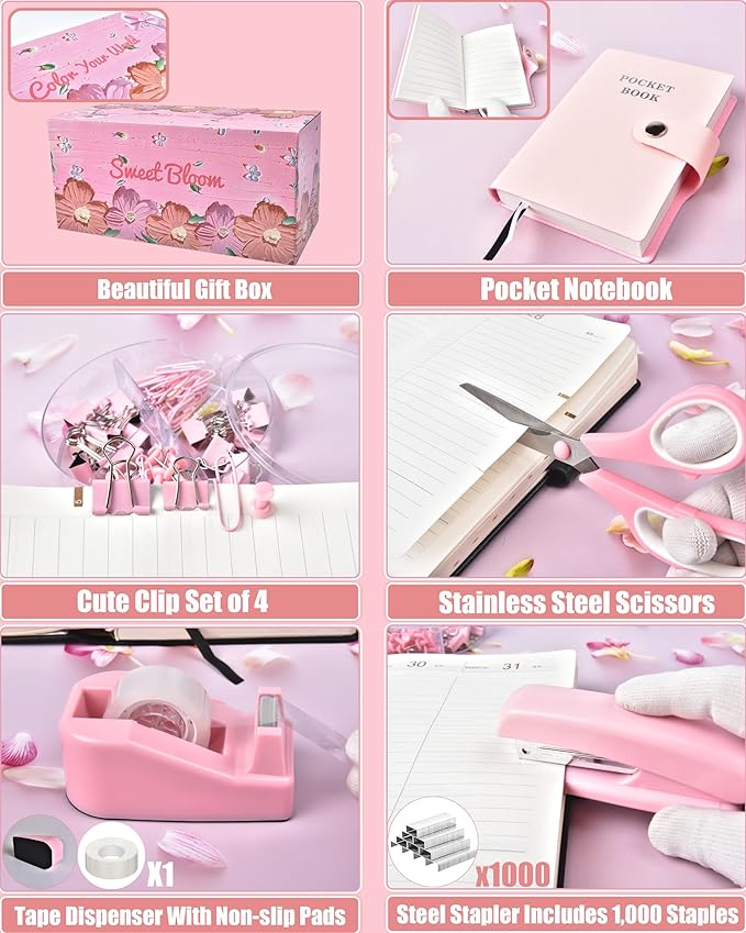 21Pcs Pink Desk Organizers and Accessories With Mesh Desk Organizer and 360°Rotating Pen Holder and a Lot of Office Pink Office Supplies Beautifully Presented in a Gift Box
