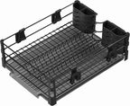 Simple Houseware Dish Drying Rack with Drainboard, Utensil Holder & Mug Hooks, Black Metal Kitchen Counter Organizer