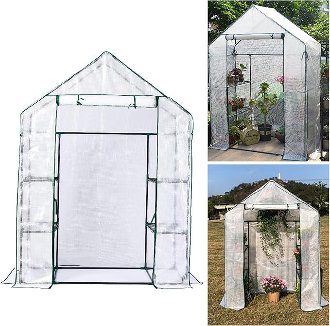 Walk-in Greenhouse with Roll-Up Door - Heavy Duty Portable Greenhouse Kit, 3-Tier Shelves Metal Frame for Courtyard/Balcony (56"x29"x77")
