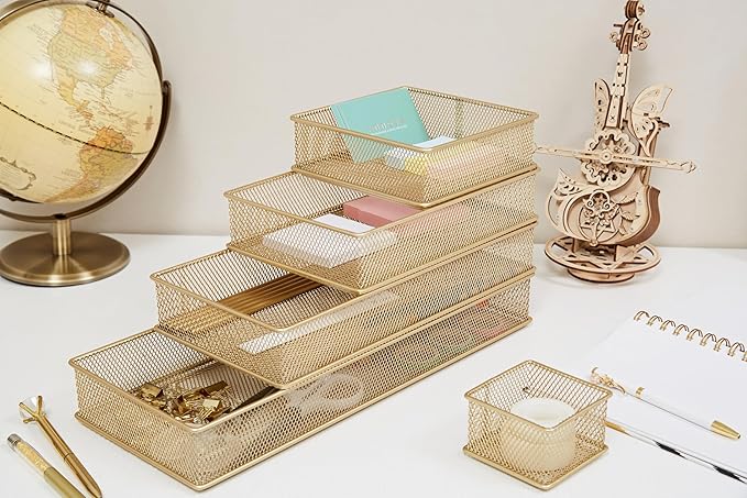 Annova Mesh Stackable Drawer Cabinet and Shelf Organizer Bins Storage Basket School Office Supply Holder Tray- Set of 2 (Gold, 6x15x2 Inch)
