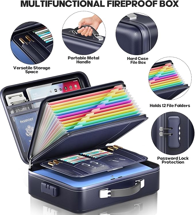 Fireproof Document Box, Hard Case Highly Flame-Resistant Fire Proof Waterproof File Organizer with Lock, Portable Fire Safe for Important Documents & Valuables Storage (Blue, ‎14"*11"*5")