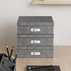 Bigso Oskar Canvas Fiberboard Document Letter Box for Important Paperwork A4 or Letter Size - Durable Keepsake Box with Lid and Metal Label Holder - 3.3in x 10.2in x 13.8in - Melange Grey