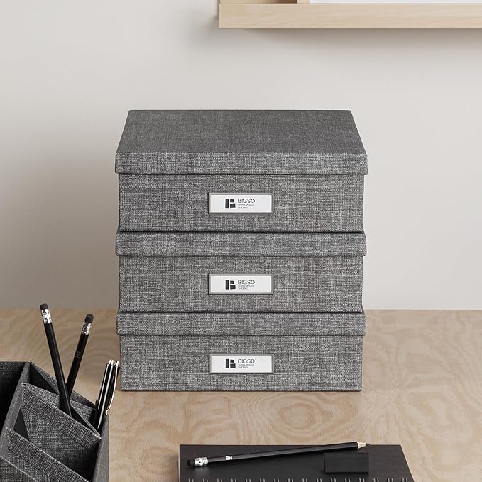 Bigso Oskar Canvas Fiberboard Document Letter Box for Important Paperwork A4 or Letter Size - Durable Keepsake Box with Lid and Metal Label Holder - 3.3in x 10.2in x 13.8in - Melange Grey