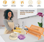 Dish Drying Rack - Bamboo Dish Rack for Kitchen Counter, Collapsible 2-Tier Wooden Drying Rack for Dishes, Plates, Cups, Utensils - Foldable Dish Drainer, Space-Saving Kitchen Drying Rack Organizer