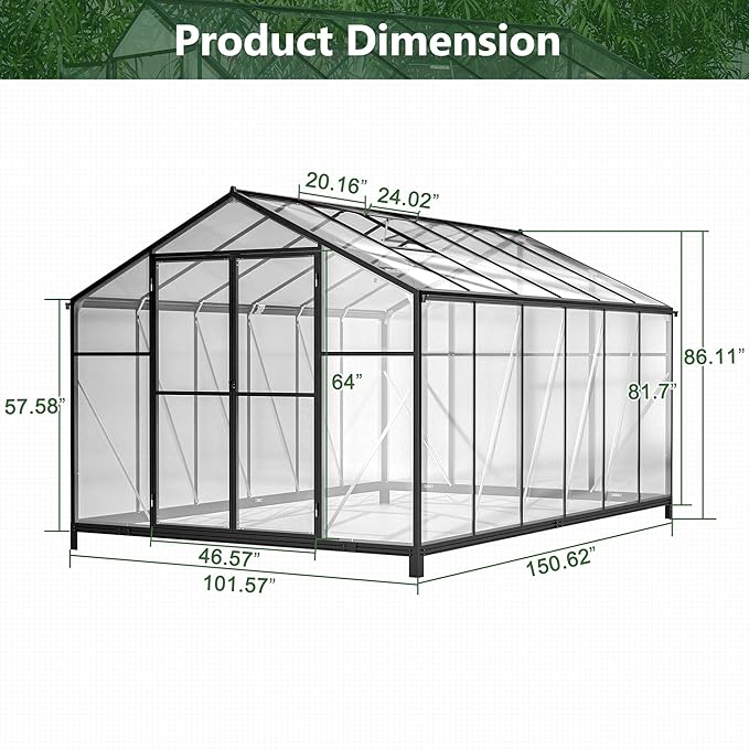 Large Walk-in Clear Polycarbonate Greenhouse with Rain Gutters & Adjustable Roof Vent - Sturdy Aluminum Frame Outdoor Plant House for Vegetable, Flower & Garden Growth-Outbuilding (8x12 ft)