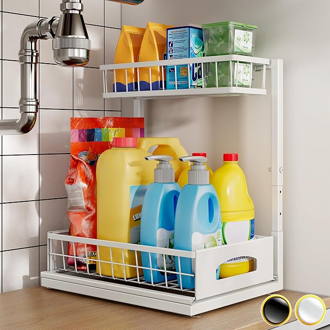 Under Sink Organizer, 2 Pack Cabinet Organizer for Kitchen, Height Adjustable Pull Out Heavy Duty 2 Tier Metal Under Sink Storage for Bathroom Pantry (White, 1 Pack)