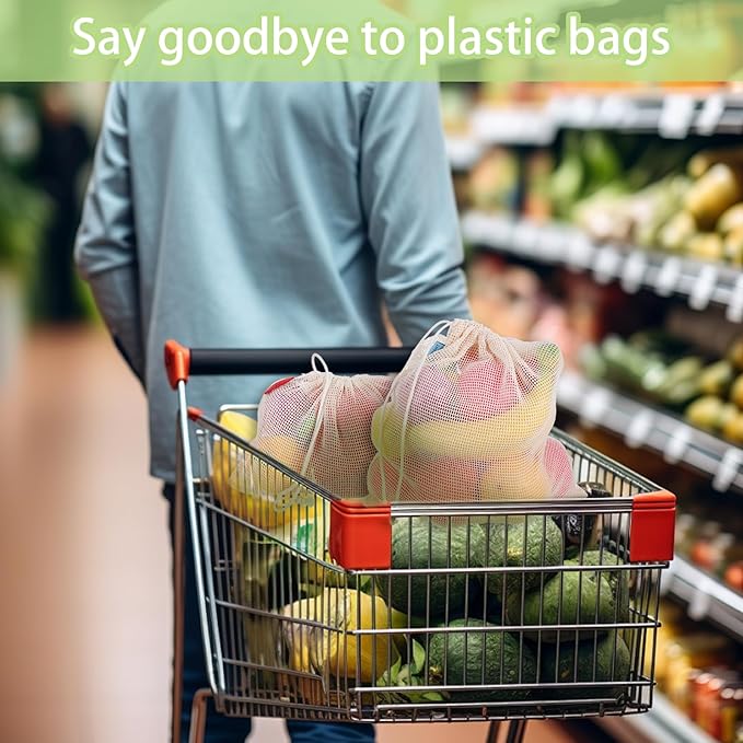 5 Pack Mesh Produce Bags, Reusable Produce Storage Bags Washable Eco Friendly Lightweight Storage Produces Bag Durable Double Stitched with Drawstring Reusable Food Storages Bag for Fruit Vegetable