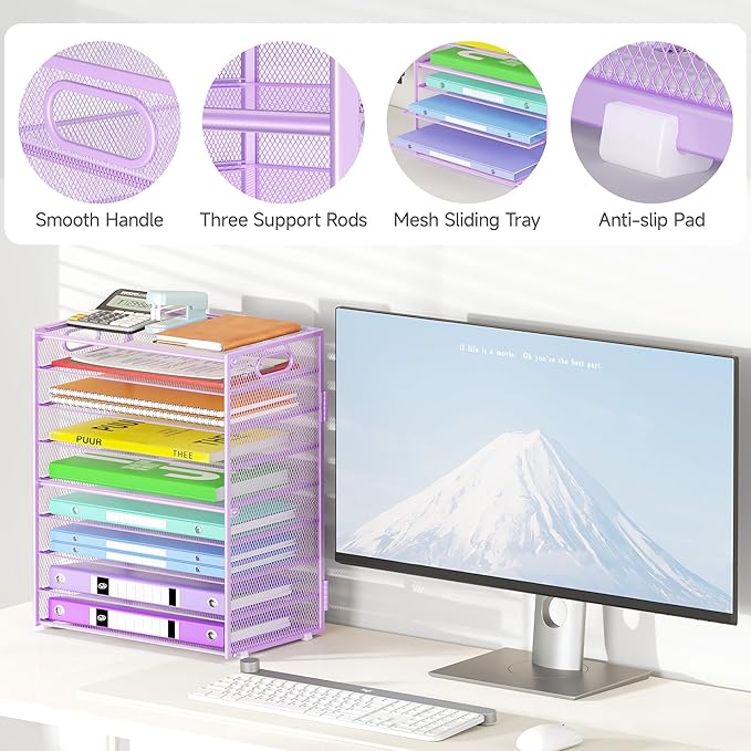 9 Tier Paper Organizer with Handle, Purple Large Capacity Desk Organizer Mesh File Folder Letter Paper Tray Desktop Document Sorter for Classroom, School, and Office Accessories Organization