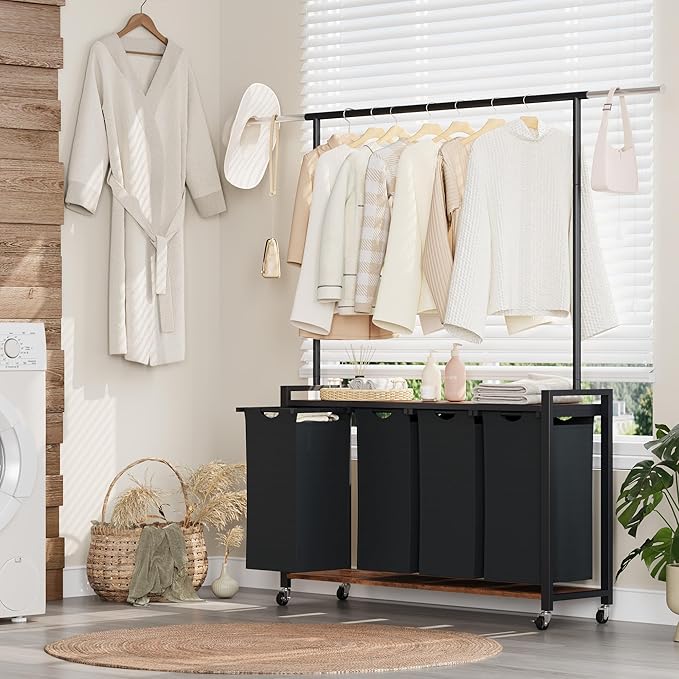 IDEALHOUSE Laundry Sorter 4 Section with Hanging Rack, Rolling Laundry Sorter Hamper with Shelf & Lockable Wheels,Laundry Basket Organizer for Laundry Room, Bedroom, Bathroom