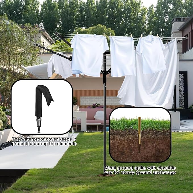 Heavy Duty Outdoor Umbrella Drying Rack, 12 Lines with 165 Feet Drying Space, Steel Frame & Adjustable Height, 4-arm Umbrella Clothesline for Laundry, Collapsible Clothes Drying Rack for Backyard