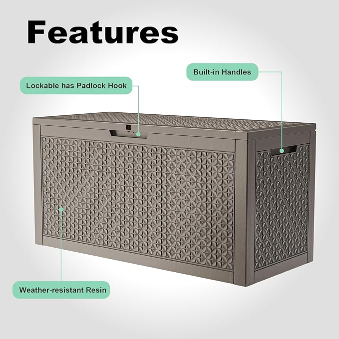 110 Gallon Outdoor Waterproof Resin Storage Deck Box Lockable Outside Bench UV Resistant Bin Patio Porch Furniture Pool Float Garden Tool Cushion Grey