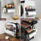ZUNTO 2pcs Magnetic Paper Towel Holder for Fridge, Black Kitchen Organizer with Towel Roll Holder, Spice Shelf and 2 Hanging Racks(No Drilling)