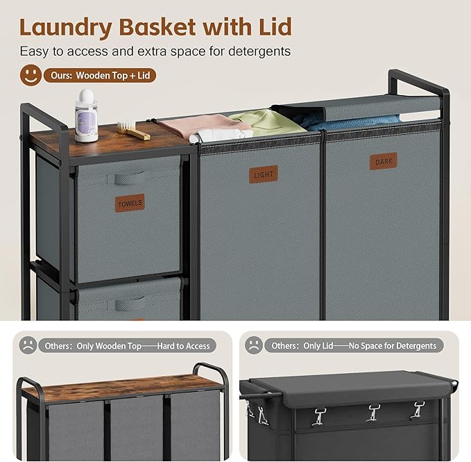 Hoctieon 4 Section Laundry Cart, 48 Gal. (182L) Laundry Hamper with Lid, Laundry Basket with Wheels, Rolling Laundry Sorter Organizer with Shelf, Clothes Separator with Removable Bags, Gray