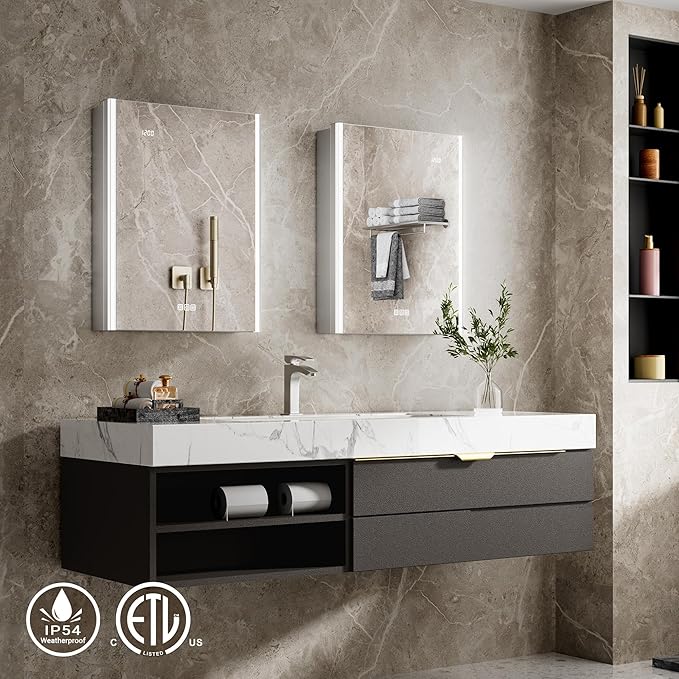 Lighted Medicine Cabinet Mirror with Lights & Smart Night Lamp -20x26 Surface or Recessed Medicine Cabinet Mirror with Outlet & Clock,Fogless Dimmable LED Storage Mirror,Built-in Sensor Light