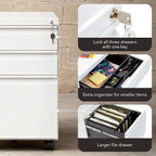Mount-It! 3 Drawer File Cabinet with Lock and Wheels, Under Desk Storage Filing Pedestal for Home Office, No Assembly Small Rolling File Cabinet for Legal, Letter, and A4 Files in White
