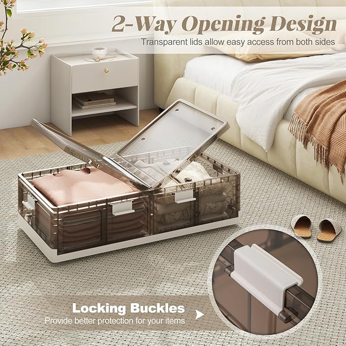 Giantex 26.5Gal Under Bed Storage Containers, 2 Pack Stackable Rolling Plastic Storage Boxes with Wheels & Lids, Clear Collapsible Storage Bins for Clothes, Shoes, Blankets