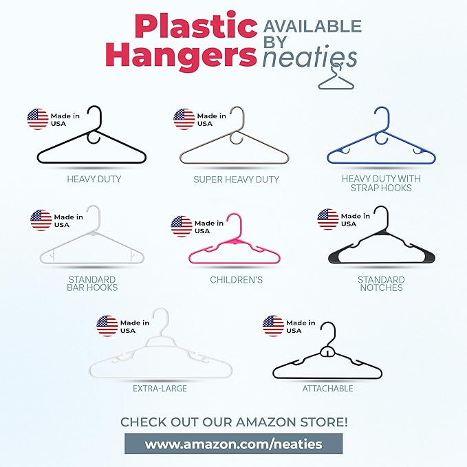 Neaties Super Heavy Duty Clothes Hangers 50+ Pack (72 Count) – Made in the USA - 10lb Capacity, Thick Plastic Hangers for Pants, Coats, Jackets, Jeans and Adult Clothing – White & Gray