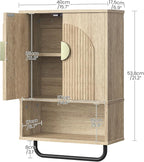 Bathroom Wall Cabinet, Medicine Cabinet for Bathroom, Wall Mounted Bathroom Cabinet with Towel Bar, Fluted Doors, Wall Cabinet for Bathroom, Kitchen, Living Room, Natural Oak and Gold