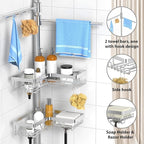 KEGII Shower Caddy Tension Pole with 2 Towel Bars, Adjustable Corner Bathroom Organizer, Rustproof Bathtub Storage Shelves for Shampoo, 25–114.2 Inch Shower Rack for Renters & Family