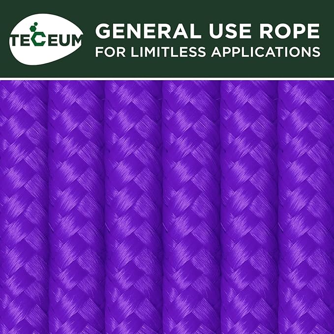 TECEUM Rope – 90 Feet x 3/8 Inch (10mm) – Purple – Strong All-Purpose Utility Rope – Camping, Crafting, Flag Pole, Indoor & Outdoor – Polypropylene Nylon Poly Lightweight Diamond Braided Cord