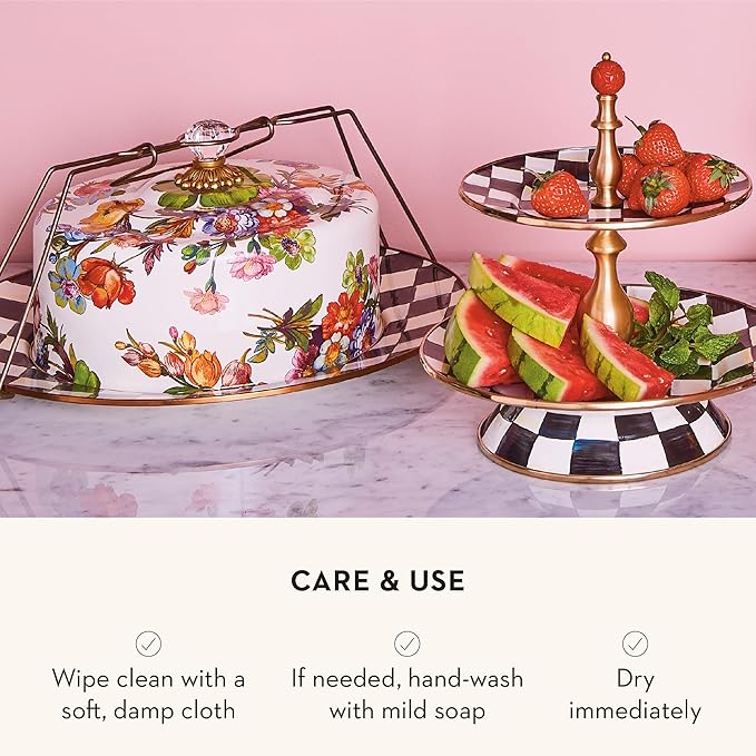 MACKENZIE-CHILDS Cake Carrier, Cake-Dish Serving Platter with Lid and Handles, White Flower Market with Black-and-White Courtly Check