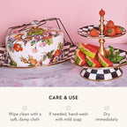 MACKENZIE-CHILDS Cake Carrier, Cake-Dish Serving Platter with Lid and Handles, White Flower Market with Black-and-White Courtly Check