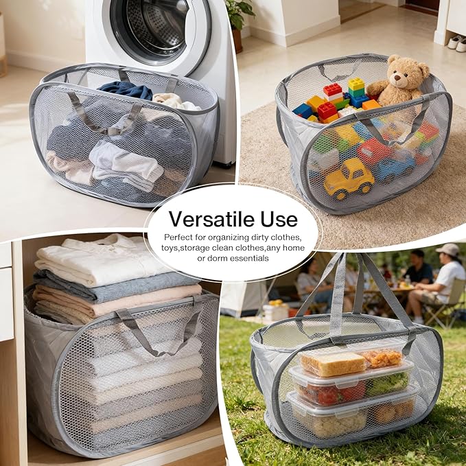 Pop Up Laundry Hamper, Large Collapsible Clothes Basket with Sturdy Handles, Foldable Mesh Storage Bin for Home, Dorm, Travel, Grey