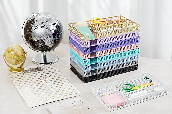 Annova Desk Drawer Organizer/Storage Tray - Metal Mesh with Dividers for Pens, Desktop Accessories, Bathroom, Kitchen, Makeup and Office Supplies (Small, Light Purple)