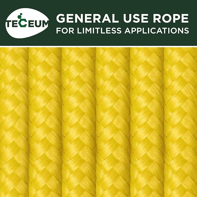 TECEUM Rope – 90 Feet x 1/4 Inch (7mm) – Yellow – Strong All-Purpose Utility Rope – Camping, Crafting, Flag Pole, Indoor & Outdoor – Polypropylene Nylon Poly Lightweight Diamond Braided Cord